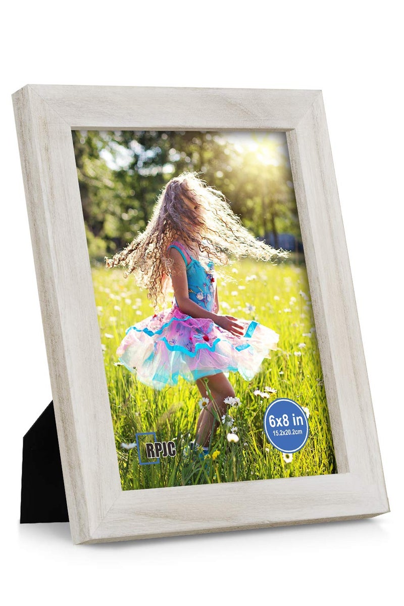 RPJC 6x8 inch Picture Frame Made of Solid Wood and High Definition Glass Display Pictures for Table Top Display and Wall Mounting Photo Frame with Stand Rustic White - Image 1